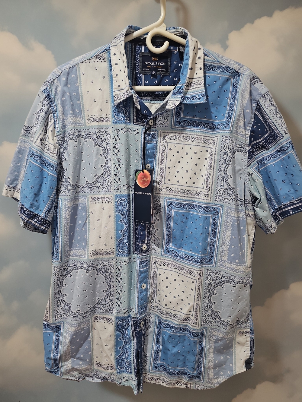 Mens Nickel & Iron Blue Patchwork Bandana Short-Sleeve Shirt